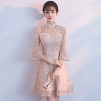 new chinese style high neck short evening dresses women elegant lace floral party dress middle length cheongsam zipper back