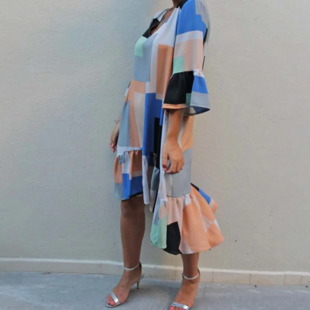 

2021 Women's Dress V-neck Casual, All Around, Loose, Multi Color Print, Knee Length Skirt with Mid Sleeve