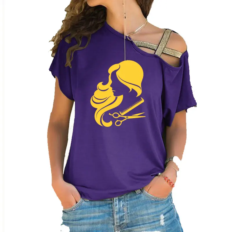 

2020 Summer Hot Sale Woman Hair Cut Tee Shirt Hair Salon Haircut Woman Art fashion Irregular Skew Cross Bandage style tee tops