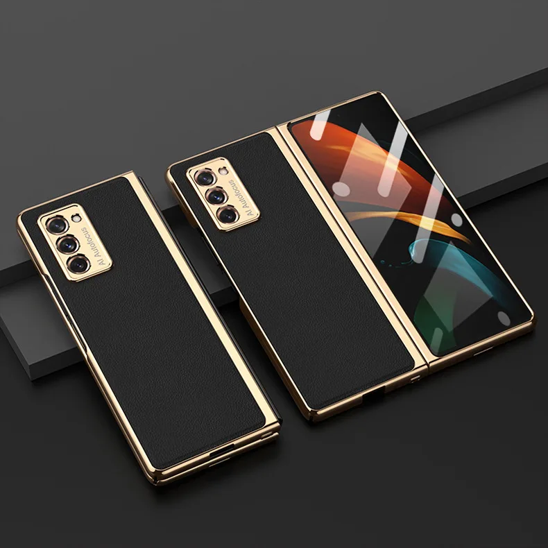 for samsung galaxy z fold 2 5g leather plating edge glass hard cover for galaxy z fold 2 w21 double side full protection case free global shipping