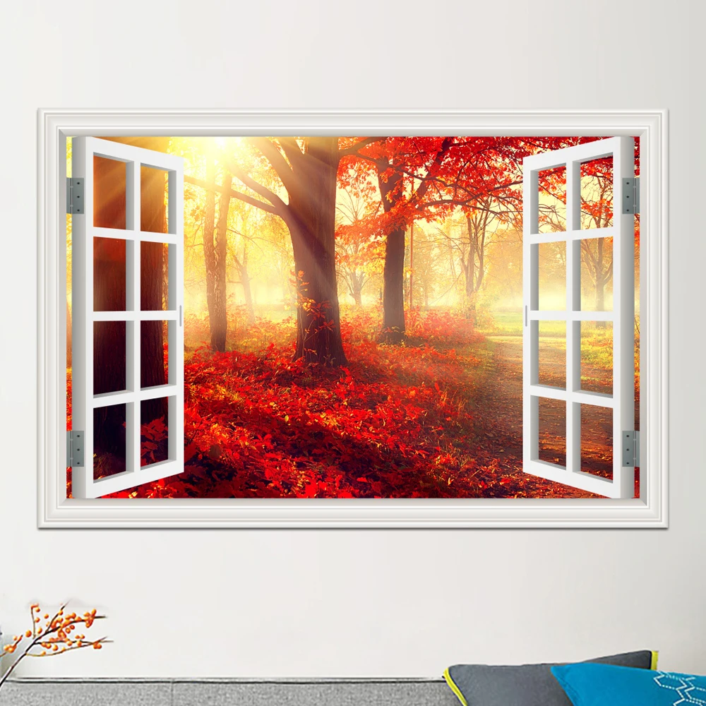 one piece 3D Window Sticker Landscape Wall Golden Maple Leaf Forest View Vinyl Wallpaper Home Decor Accessories for Living Room |
