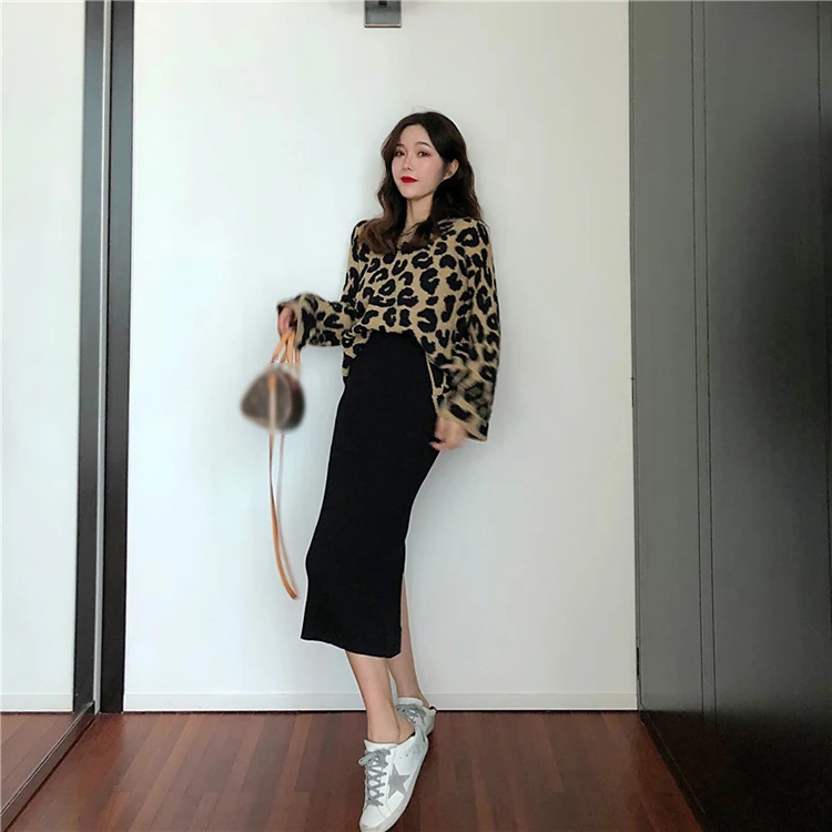 Свитера с длинными рукавами Модный женский леопардовый пуловер круглым вырезом