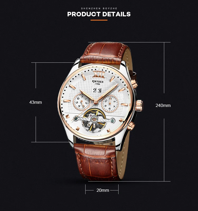 Новые KINYUED швейцарские автоматические Tourbillon механические часы многофункциональные водонепроницаемые светящиеся кожаные мужские автоматические часы