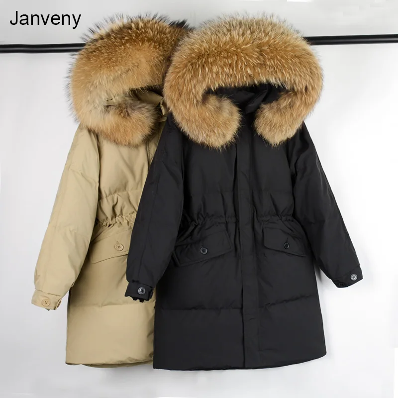 

Женский длинный пуховик Janveny, зимнее пальто на белом утином пуху 90% с большим капюшоном из натурального меха енота, женские парки с перьями