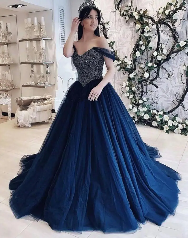 as picture Темно-синее бальное платье Бальные платья с открытыми плечами основной бисером элегантный для выпускного вечера платья для сладкого 15 Vestido De Fiesta - Цвет: as picture