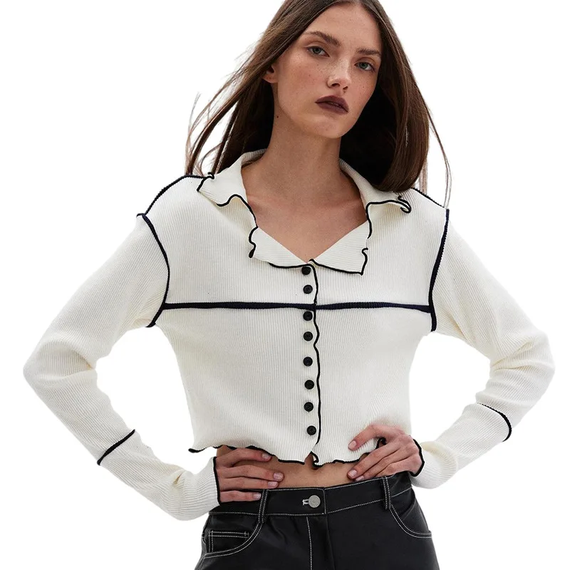 

Женская трикотажная футболка, Повседневная однобортная короткая футболка из ткани, ASTS84021