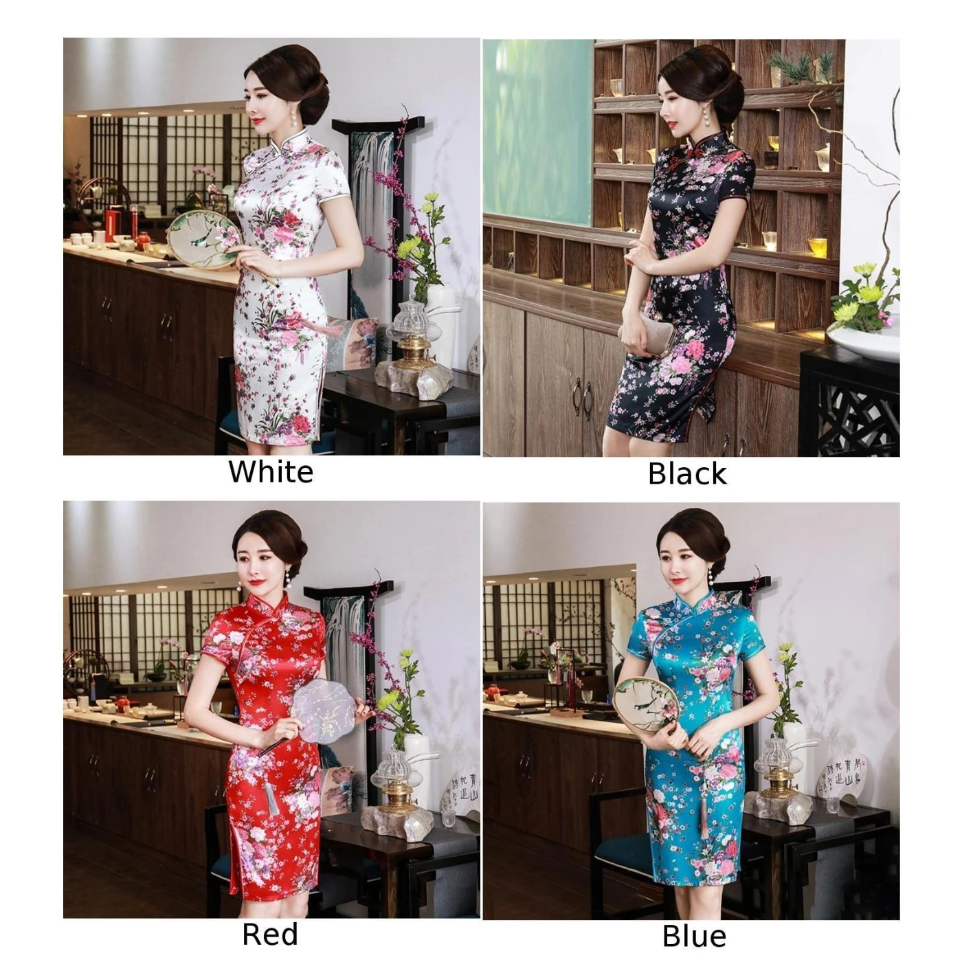 

Women Sexy Short Sleeve Stand Collar Printed Split Vintage Party Cheongsam Dress