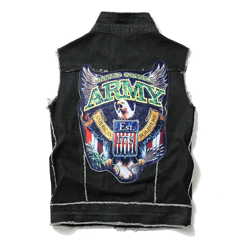 2020 New Men's Punk Denim Vests Sleeveless Vintage Jeans Vest Jackets Black Skull Embroidery Waistcoat Ripped Cowboy Streetwear | Мужская