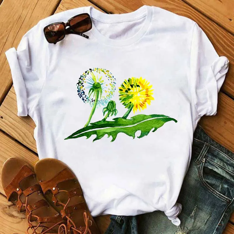 

New Colorful Dandelion Lady Shirts Top Kawaii Womens Graphic Female Tee T-Shirt Women Summer Short Sleeve Flower Tshirts