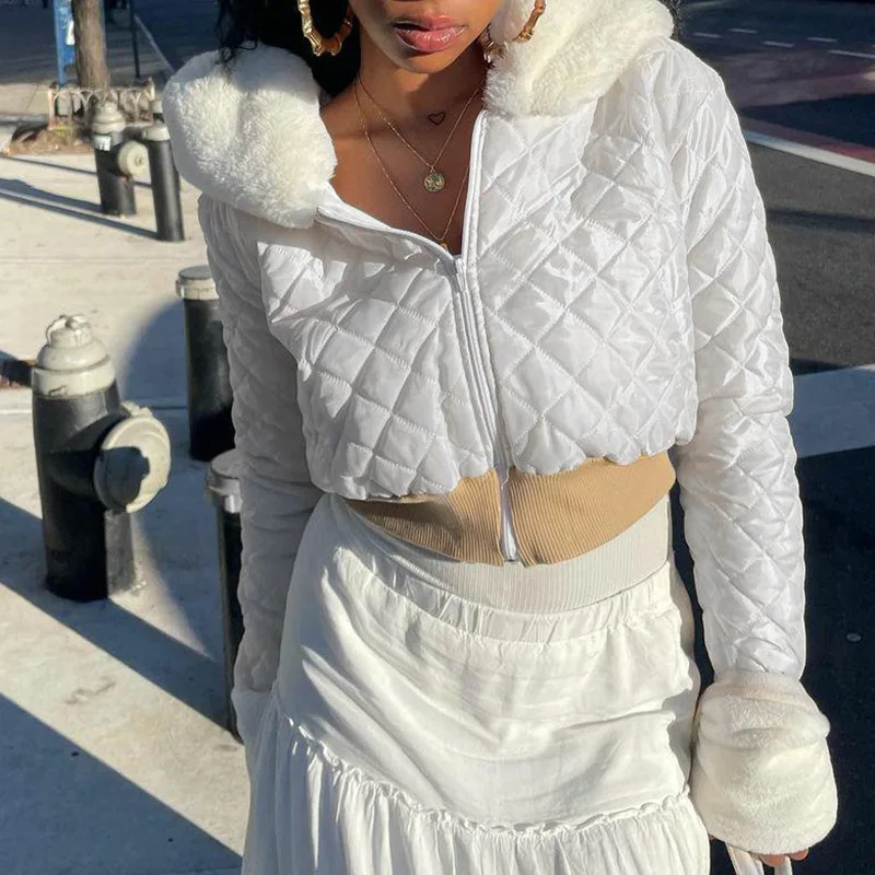 

Fashion Streetwear Furry Stitching Top Rhombus Contrast Color Waist Short Zipper Hooded Casual Jacket Cotton Jacket Women Coat