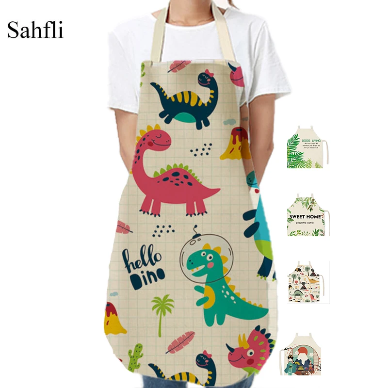 

Printed Pattern Kitchen Apron for Woman INS Leaves Sleeveless Cotton Linen Aprons Cooking Simplicity Home Cleaning Tools 65*75cm