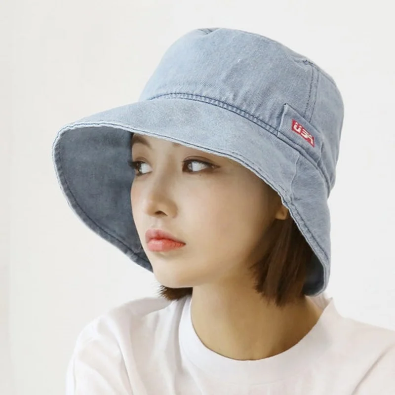2021 New Japanese Denim Fisherman Hat Panama Bucket Hats Spring Summer Outdoor Women Fashion Letter Embroidery Sun Hat