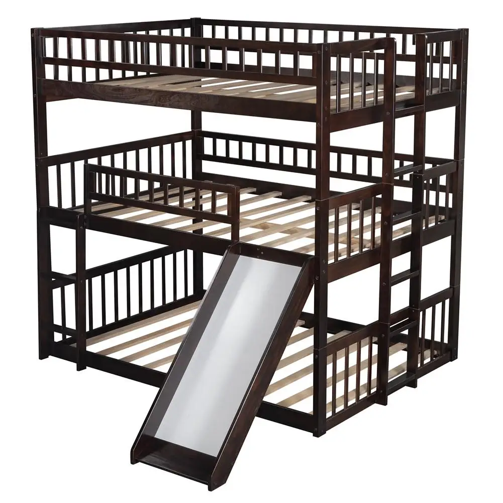

Triple Bunk Bed With Built-in Ladder+slide For Kids Beds With Guardrail