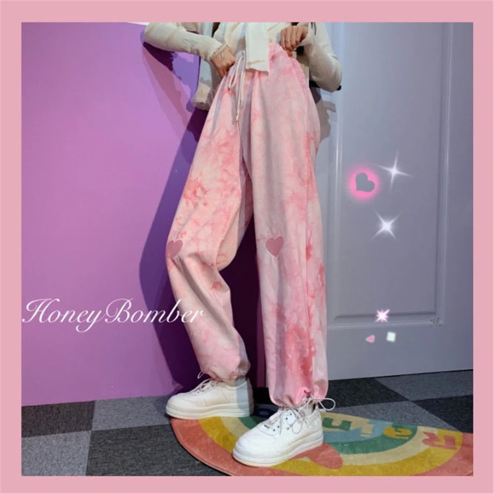 

DAILOU Summer 2021 New Tie Dye Casual Pants Harajuku Beam Leg Trousers Woman Cool Girl College Style Loose Thin Pink Long Pants