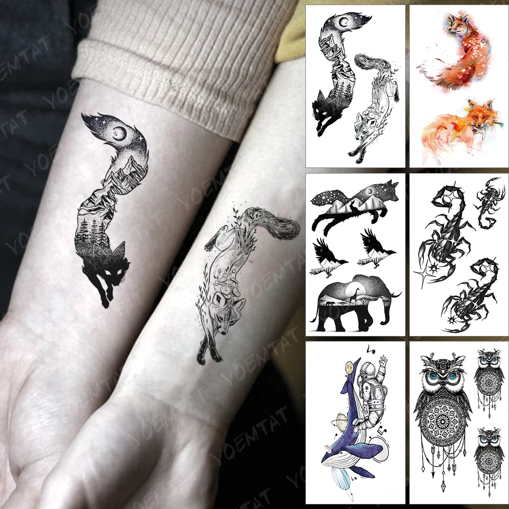 

Waterproof Temporary Tattoo Sticker Fox Sky Mountain Flash Tatoo Forest Sun Moon Arm Wrist Fake Tatto For Body Art Women Men