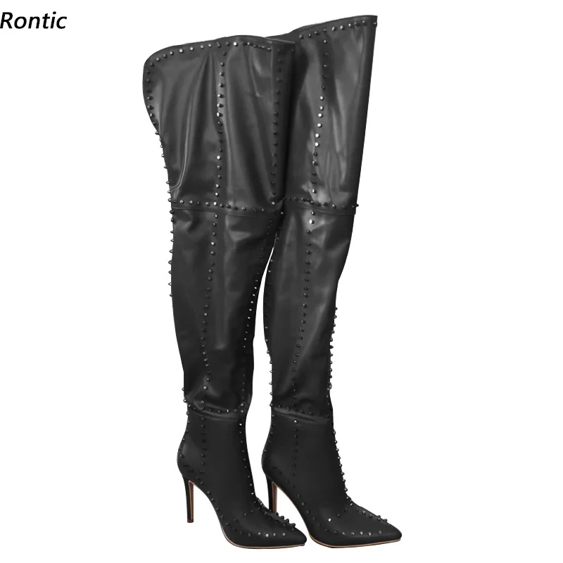 

Rontic Handmade Women Winter Thigh Boots Sexy Rivets Stiletto Heels Pointed Toe Gorgeous Black Purple Club Shoes US Size 5-15