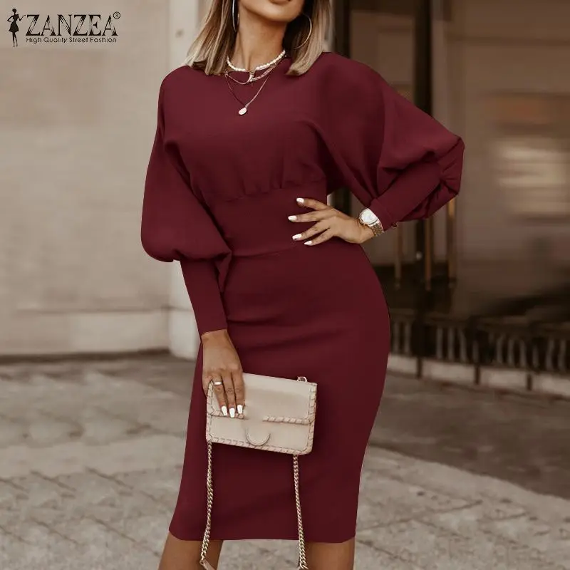 ZANZEA Stylish Women Bodycorn Dress Autumn Elegant Long Lantren Sleeve Slim Fit OL Sundress Femme Robe Solid Party Midi Vestidos