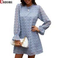 womens 2022 spring and autumn solid color dress new loose casual bubble long sleeve chiffon jacquard bottomed dress
