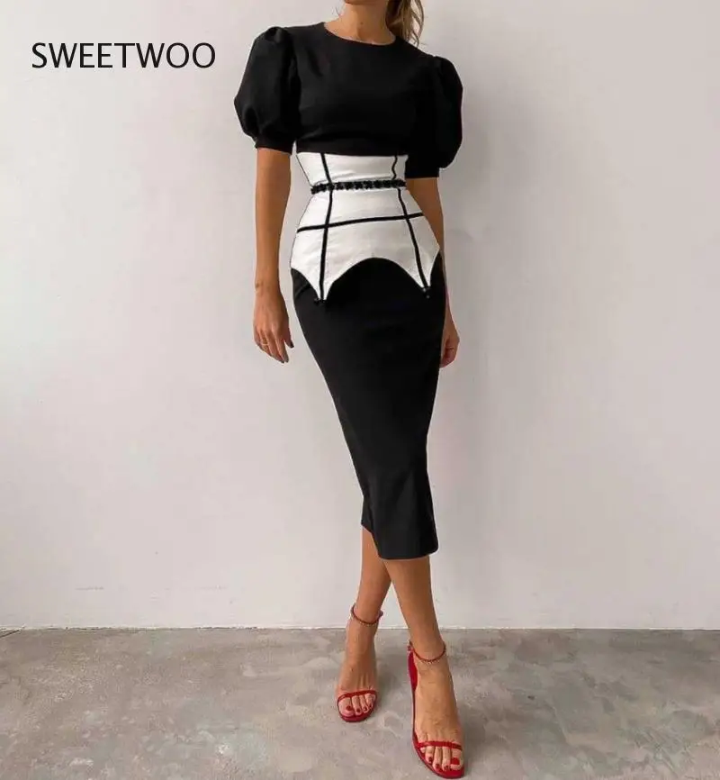 

Puff Sleeve Dress Ladies Office Elegant Black Women Summer Pencil Midi Dress Short Sleeve Slim Waist-Up