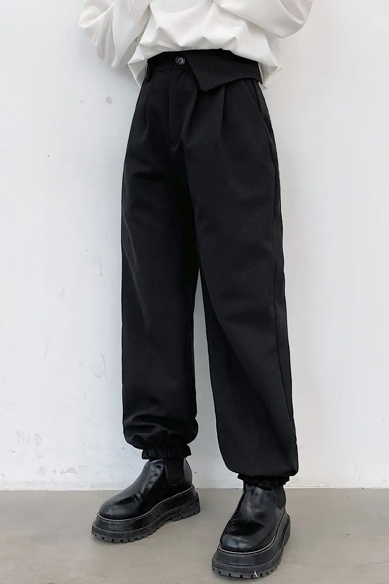 

IEFB 2021 Spring Black Causel Pants Folded Desigh Elastic Waist Men's Casual Turnup Pants Thick Casual Trousers 9Y5282