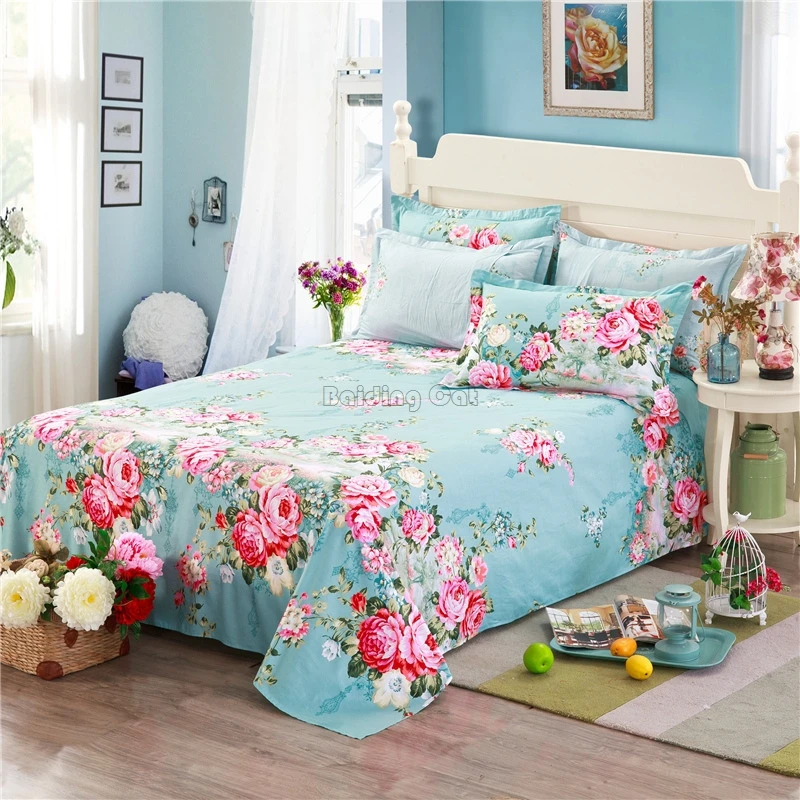 New Spring Green Flower Printed Bed Sheet Cotton Flat Sheet for Bedding Set Bed Linens Twin Full Queen King Bedspreads