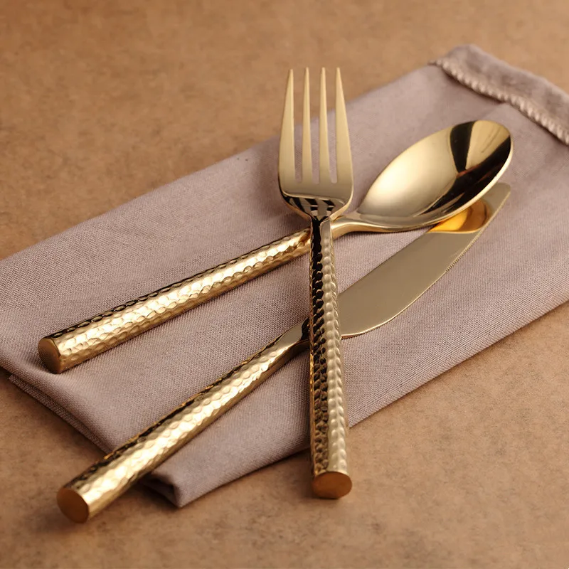 

Dinnerware Set 304Stainless Steel 3pcs Golden Hammer Pattern Cutlery Set Steak Knife Main Fork Main Spoon Tableware Flatware Set