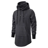 2020 new men slim long section high collar hooded sweatshirt man extend curved hem solid black cotton casual pullover hoodies