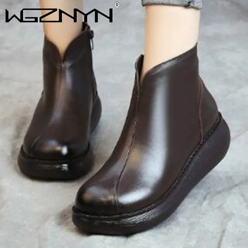 

New Vintage Autumn Fashion Round Toe Genuine PU Leather Wedge Heel Ankle Boots Women Winter Warm Shoes Platform Boots for Women