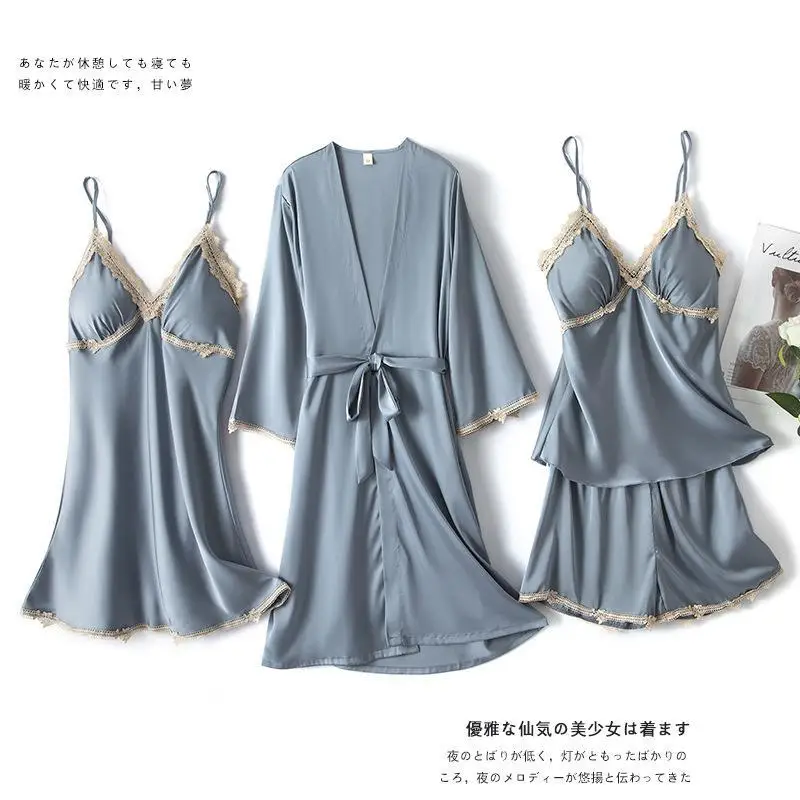 

Women 4PCS Pajamas Robe Set Female Casual Loose Sleepwear Spring Autumn Nightwear Sexy V-neck Nightwear Sleep Set Pijamas Suit