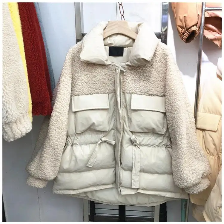 Лоскутное зимнее повседневное пальто с отложным воротником и длинным рукавом