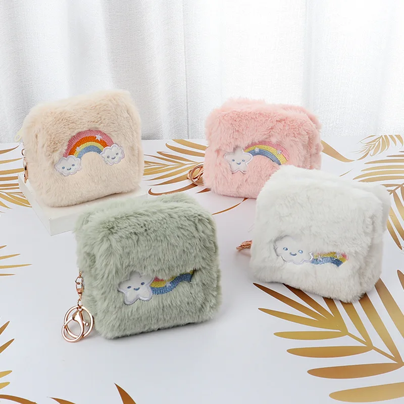 

KAI NA SHI Korea Creative Rabbit Fur Pure Color Rainbow Storage Bag Cute Zipper Plush Children's Key Wallet