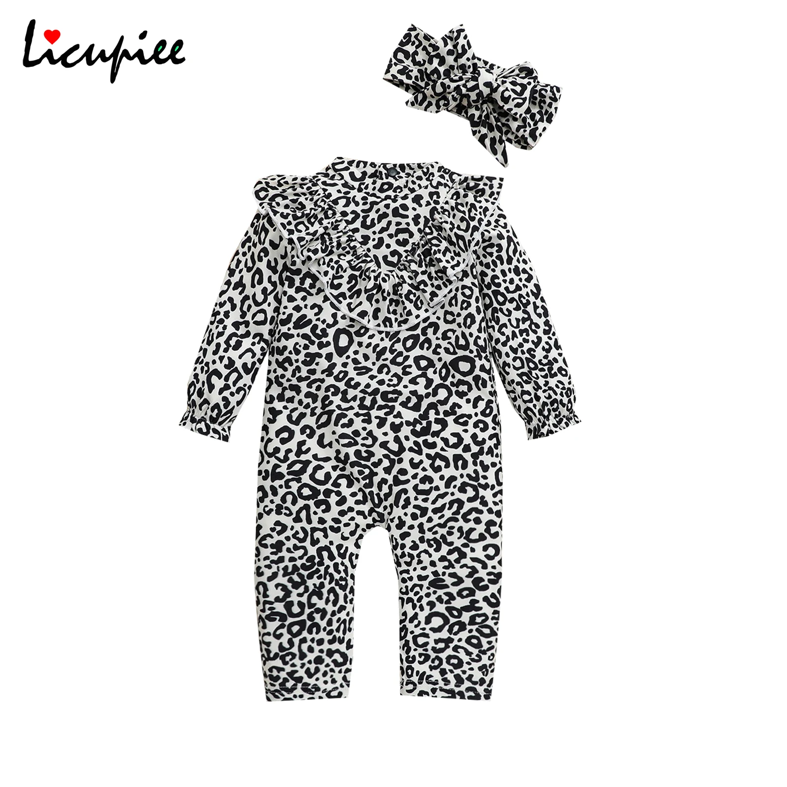 

0-24 Months Newborn Camouflage Rompers Baby 2pcs Fall Outfits Full Long Sleeve Leopard Print Ruffle Romper with Headband Set