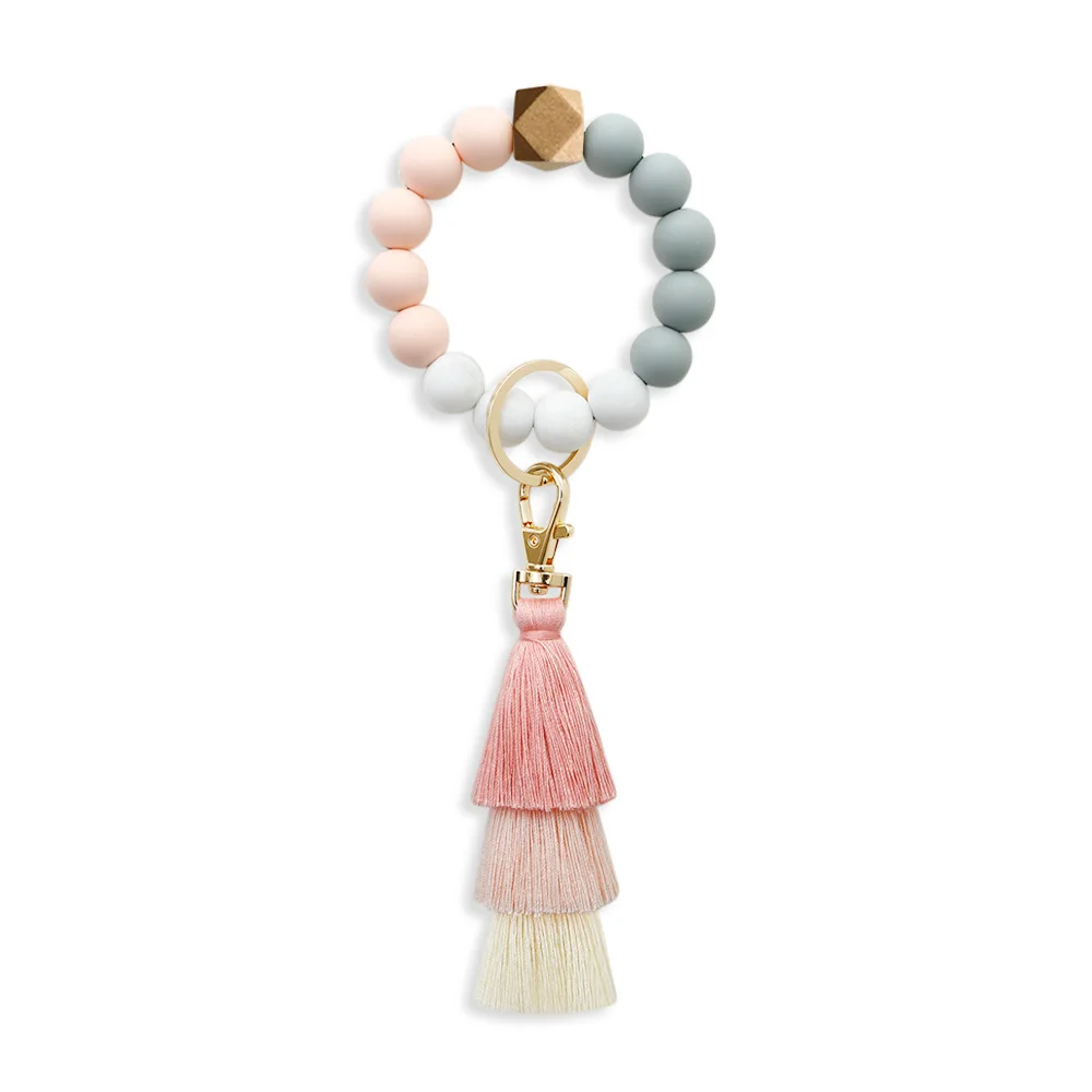 

Silica Gel Bead Keyring Female Food Grade Silicone Bracelet Keychain Tassel Elastic Rope Beaded Hand String Key Pendant