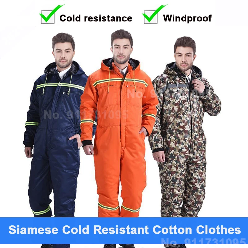 

new Winter Overalls Warm Thick Coat Hooded Overalls Cold And Windproof Outdoor Reflective Overalls Cotton Clothing