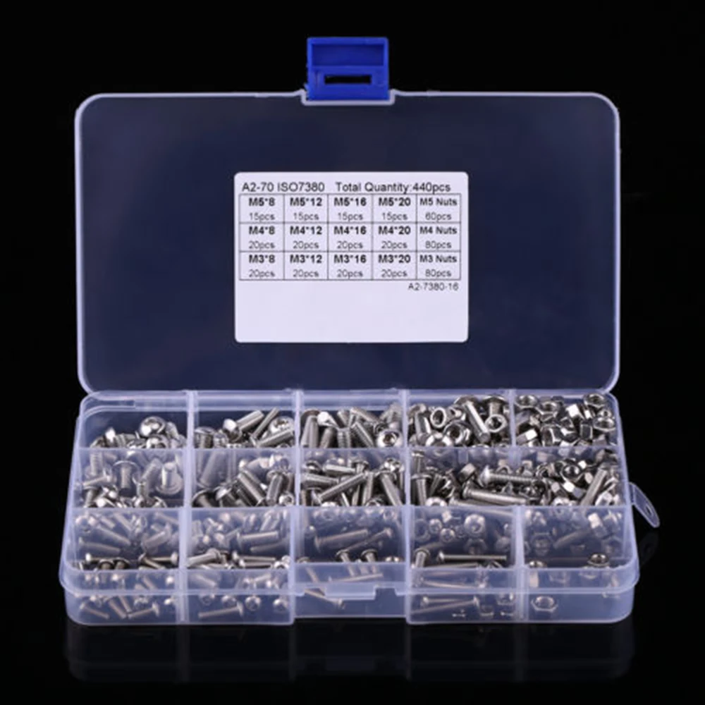 

440pcs Stainless Steel Hexagon Socket Round H-ead Screw Nut Kit Set with Storage Box Portable Screws Nuts Set