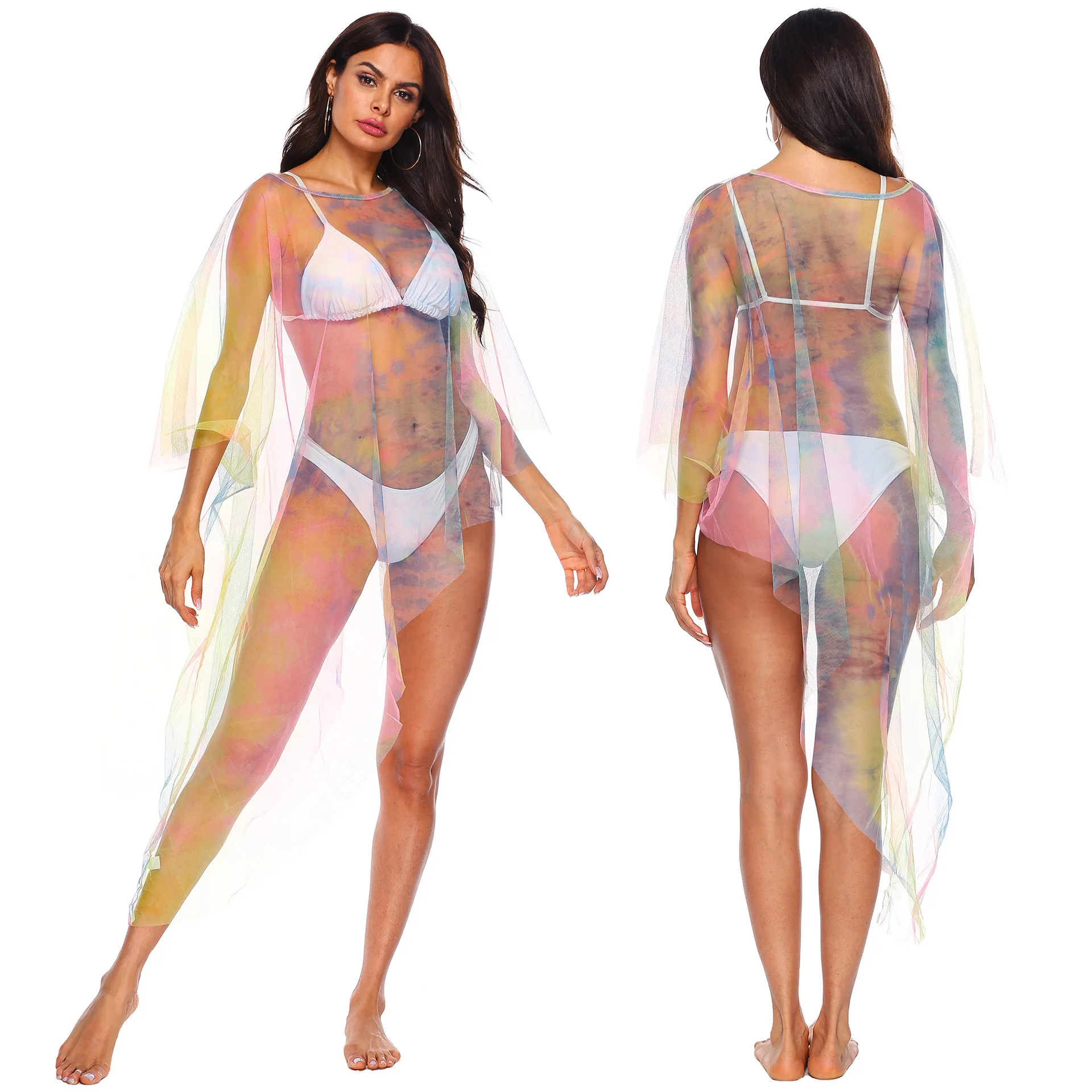 

Летняя женская пляжная одежда, многоцветный сетчатый купальник, накидка на бикини, пикантная прозрачная Асимметричная шаль средней длины, ...