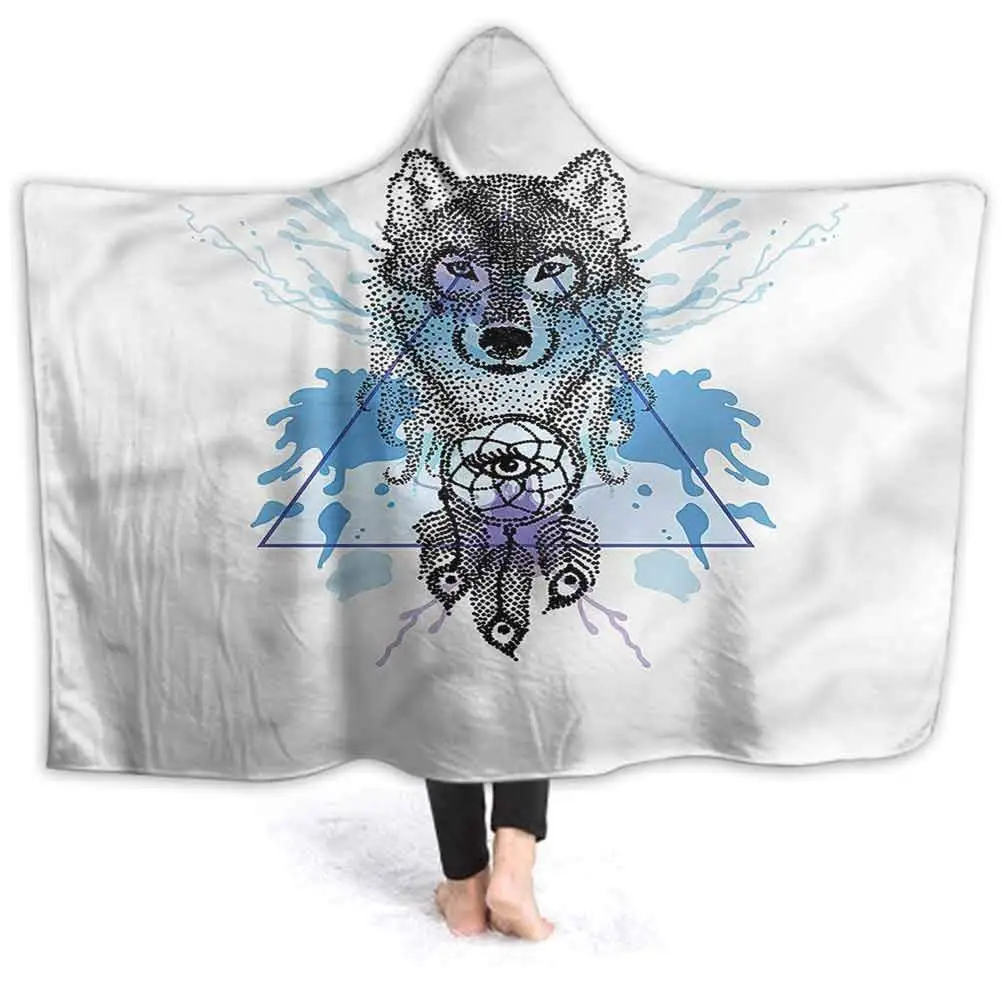 

Sherpa Hooded Blanket Wolf Plush Hooded Blanket Hoodie Cloak Animal Head Dreamcatcher Hooded Blanket for Men Women Teenagers