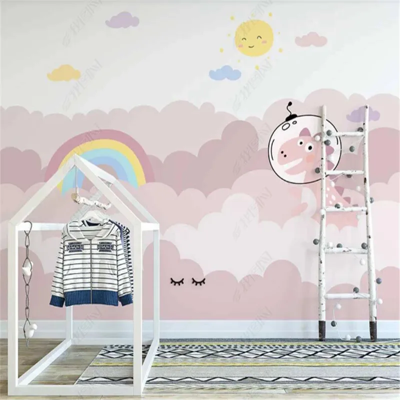 Обои в скандинавском стиле с розовыми облаками для детской комнаты Радужный