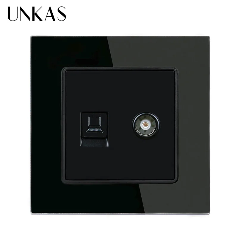 UNKAS White Luxury Crystal Glass Panel RJ45 Internet Data Computer Jack CAT5E Connector With Female TV Outlet Wall Socket | Обустройство