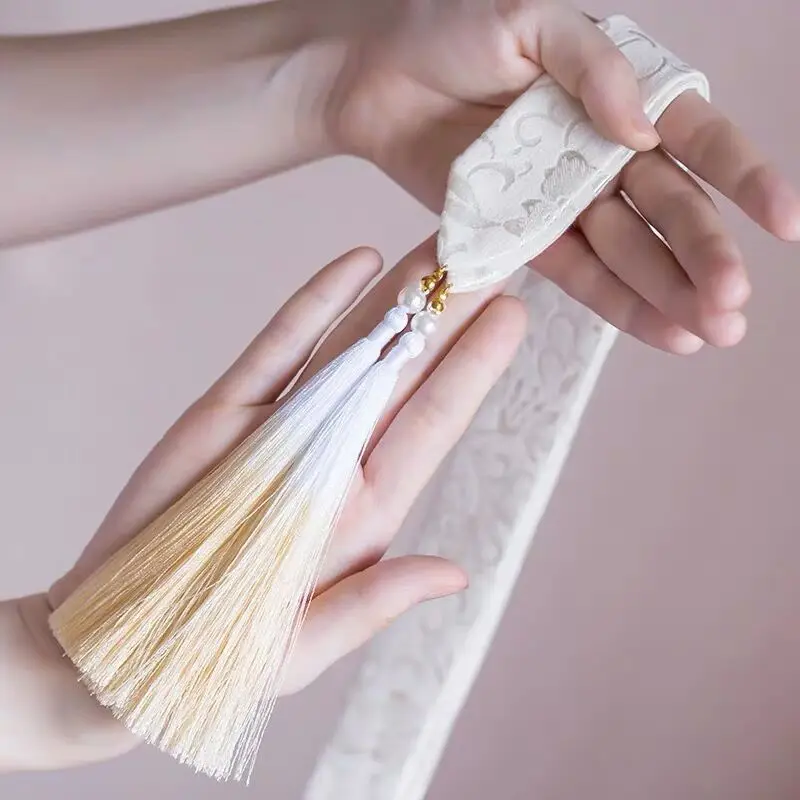 Gradual fringed jacquard hairband Ancient Chinese clothing super fairy streamer hair rope costume headdress - Цвет: champagne