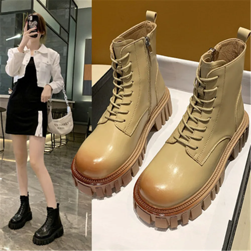 

Women Fashion Thick Heel Ankle Boots Lace Up Chunky Sneakers Autumn Female Motorcycle Booties Platform Leather Shoes Black Camle