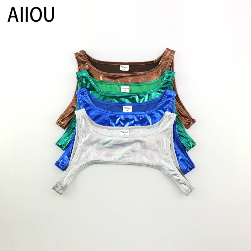 AIIOU Для мужчин из искусственной кожи Забавный просвечивающие Короткие майка
