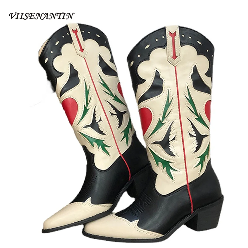 

Pointed Toe Thick Heel Platform Casual Western Boots 2021 Autumn Trend Fashion Embroidered Mixed Color High Heel Knight Boots