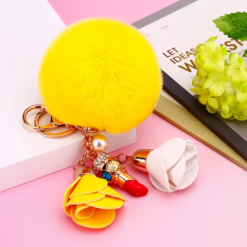 

Fashion Crystal Pompom Girls Keychain Women Charm HandBag Key Chain Key Ring Accessories Lipstick Car Bling Keychains Jewelry