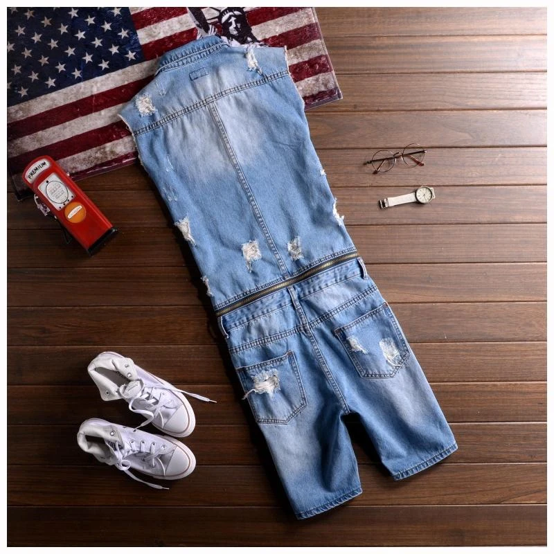 Summer Men's Sleeveless Denim Jumpsuit Hip-Hop Ripped Hole Jeans Shorts Removable Waist Casual Overalls Cargo Pants