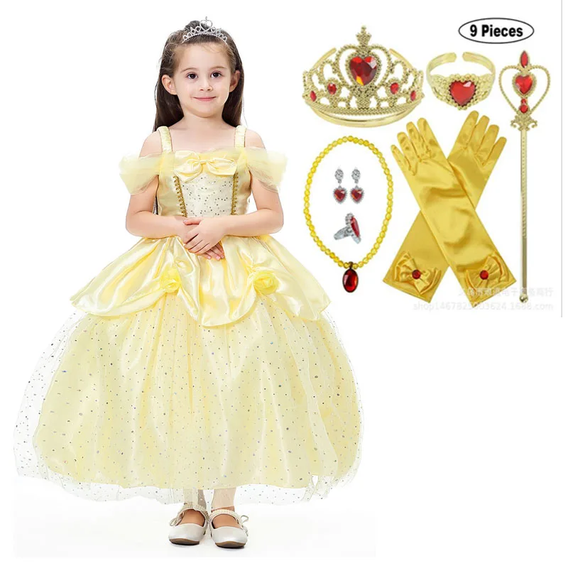 Summer Girl Yellow Dress Belle Princess Cinderella Cosplay Costume Fairy Tail Child Wedding Party Elegant Sheer Prom 2019 | Детская