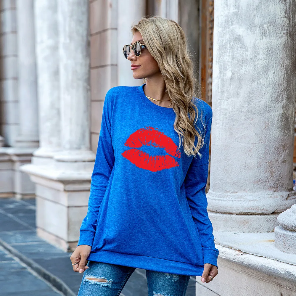

Long Sleeve Tshirt Women 2020 Autumn Sexy Red Lips Printed Pullover Harajuku Graphic Tees Shirt Casual O-neck Loose Lady Tops