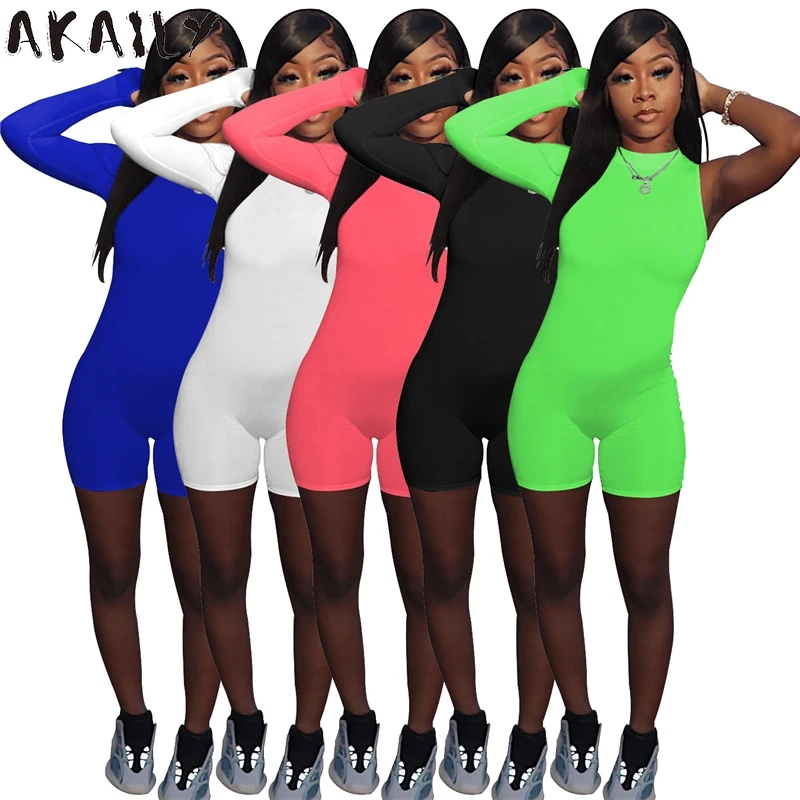 

Akaily Summer Streetwear Solid Slim One Shoulder Rompers Women Black O Neck Bodycon Short Jumpsuit Female One Piece Outfit 2021