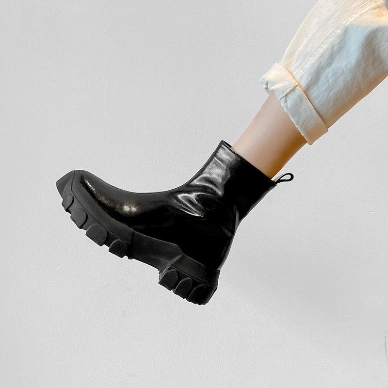 

Zipper Chunky Motorcycle Snow Boots for Women Classic Thick Heels Shoes for Women Genuine Leather Lady Ankle Boots