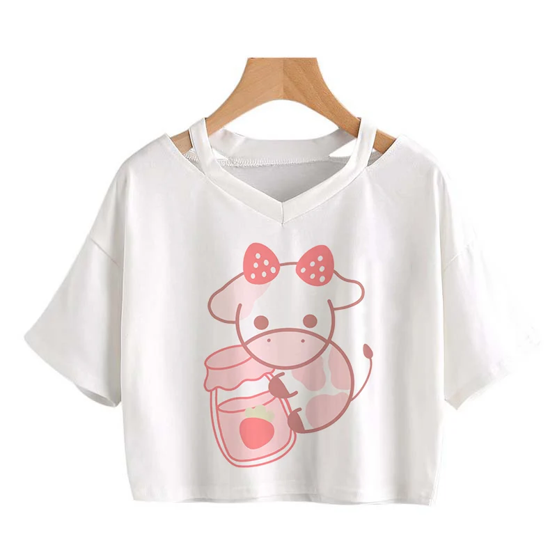 Футболка женская с коротким рукавом кроп-топ клубничным принтом милая